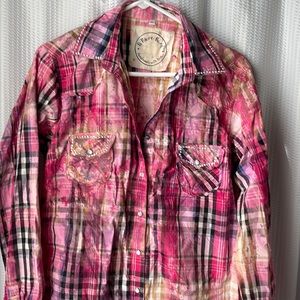 Rare Bird vintage recreation with snaps and bling . Pink, gold, black plaid.